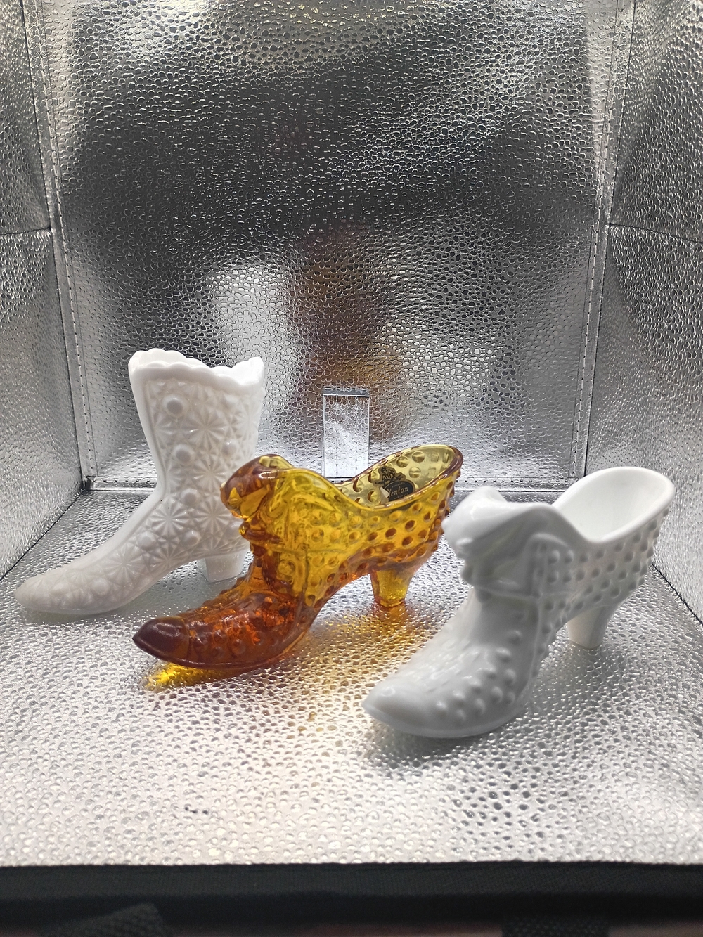 Vintage Fenton White and Amber Glass Shoe Figurines - Set of 3